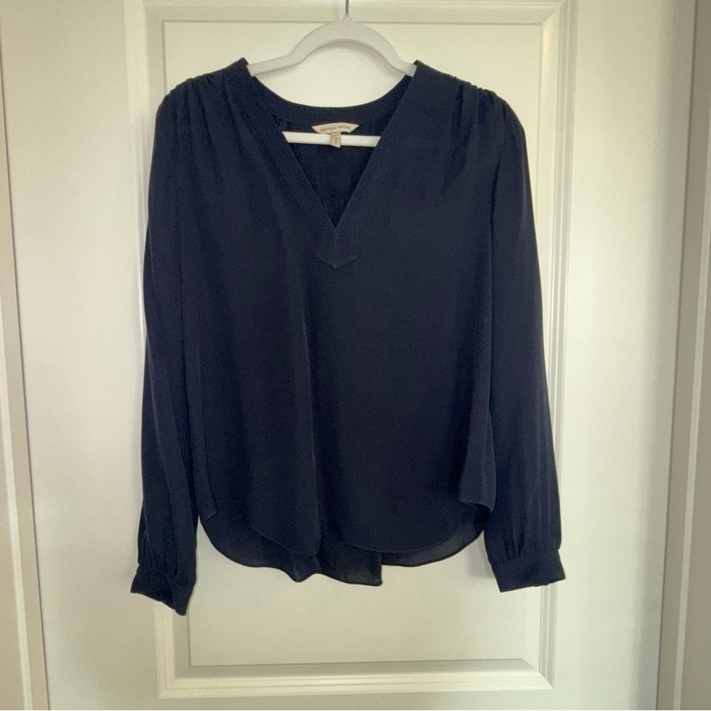 Rebecca Taylor Long Sleeve 100% Silk Blouse-Navy